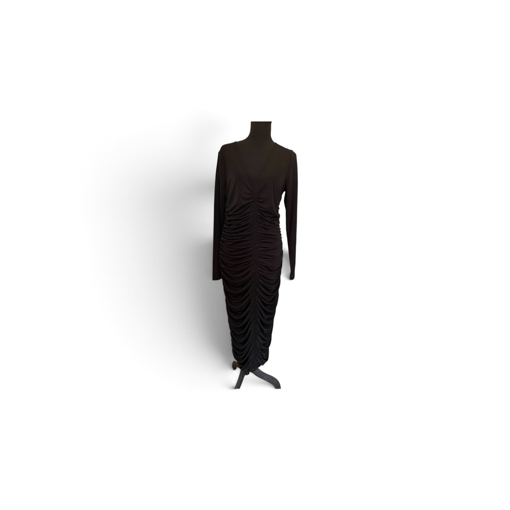 INC International Concepts Luxe Jersey Ruched V-Neck Midi Dress Deep Black L NWT
